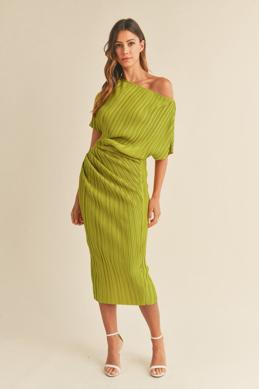 Sarina One Shoulder Pleated Side Ruched Midi Dress