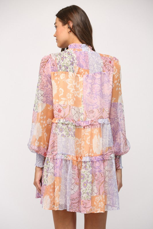 Patchwork Print Chiffon Mock Neck Dress