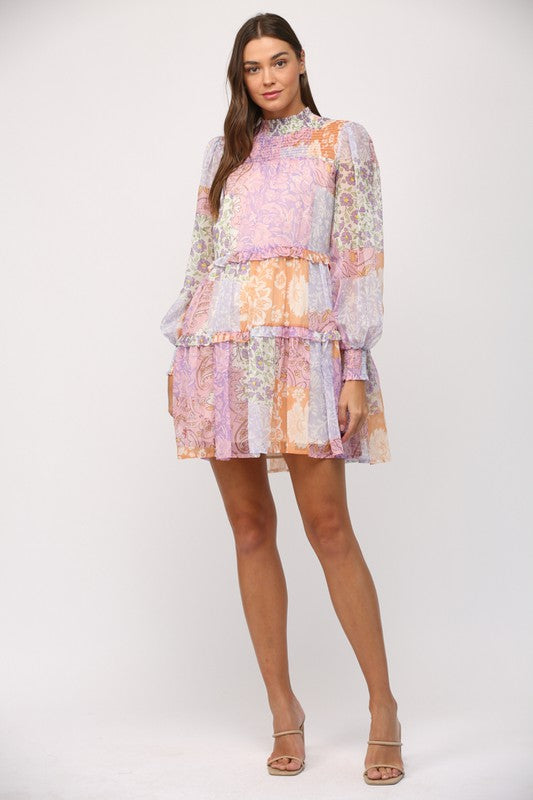 Patchwork Print Chiffon Mock Neck Dress