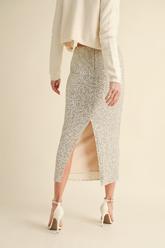 Lexy Sequin Pearl High Waisted Midi Skirt