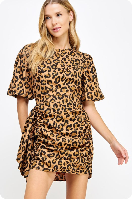 Alexis Side Rouched Leopard Mini Dress