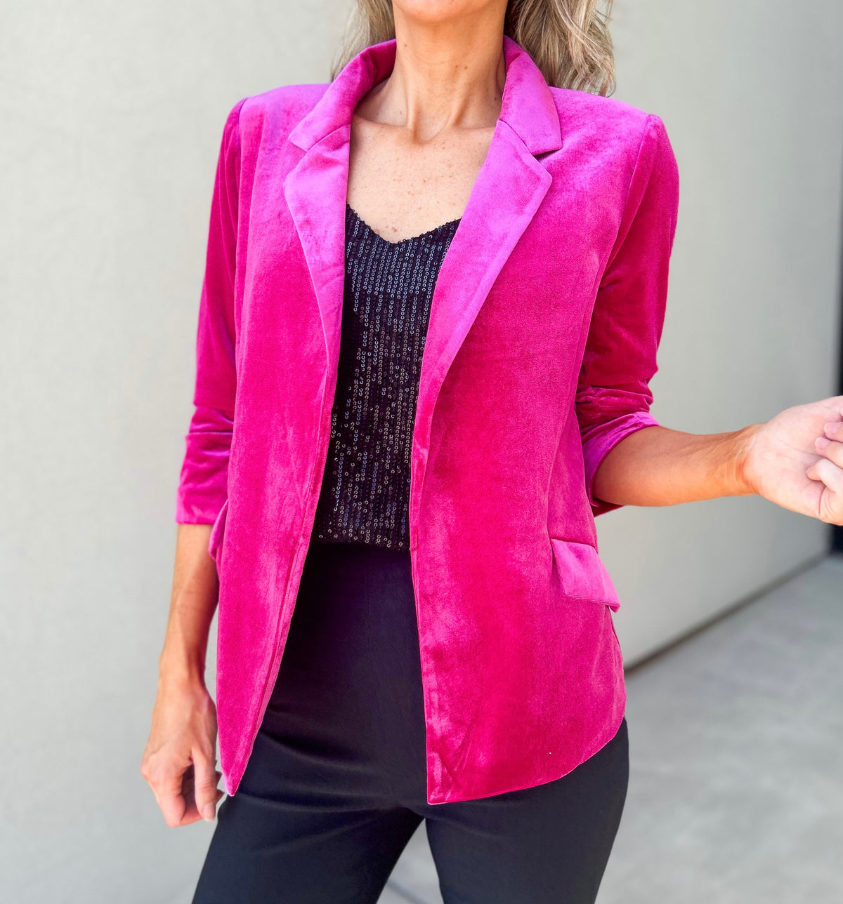 She Knows It Velvet Rouched Sleeve Blazer (Magenta)