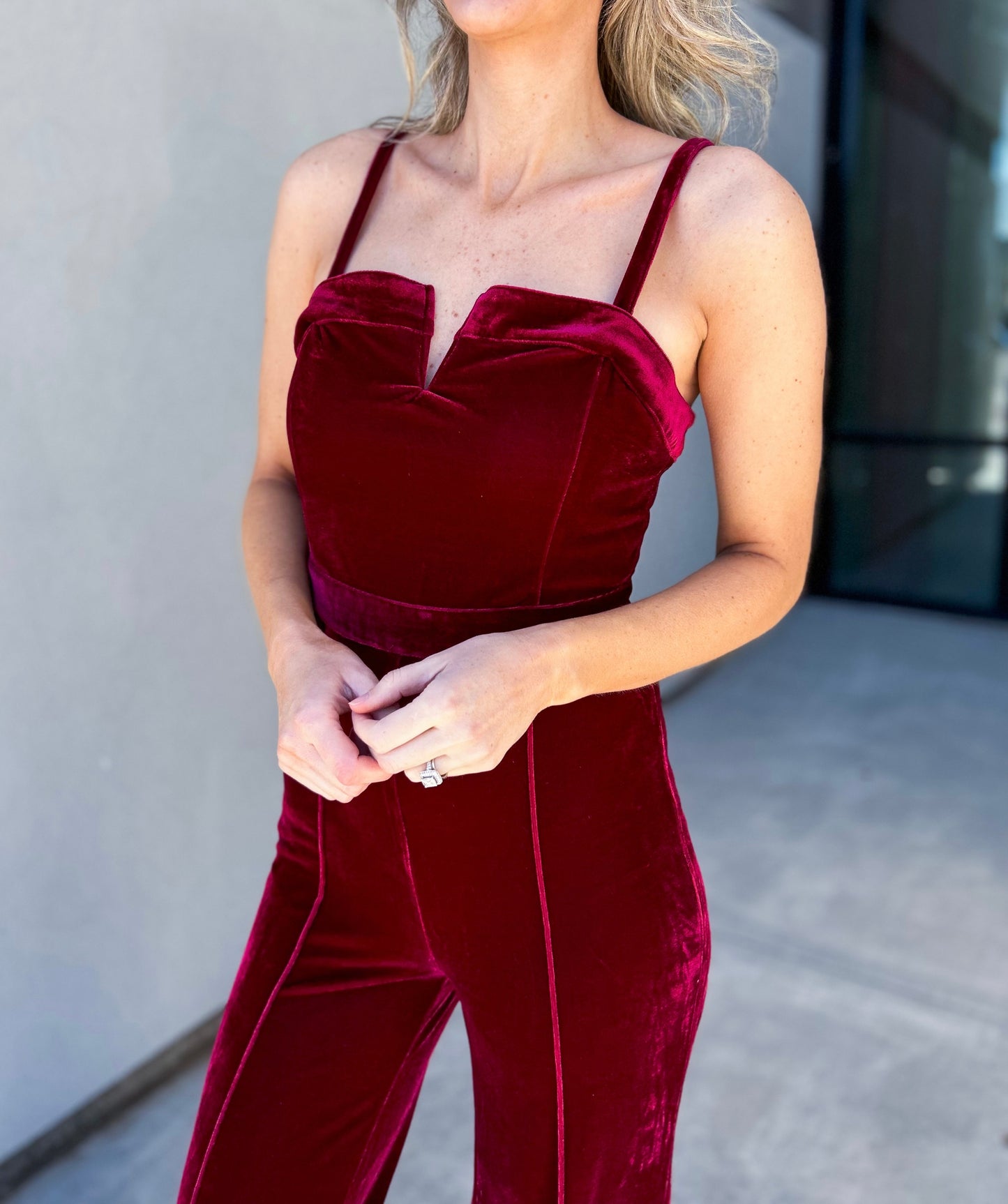 Eva "V" Neckline Velvet Wide Leg Jumpsuit