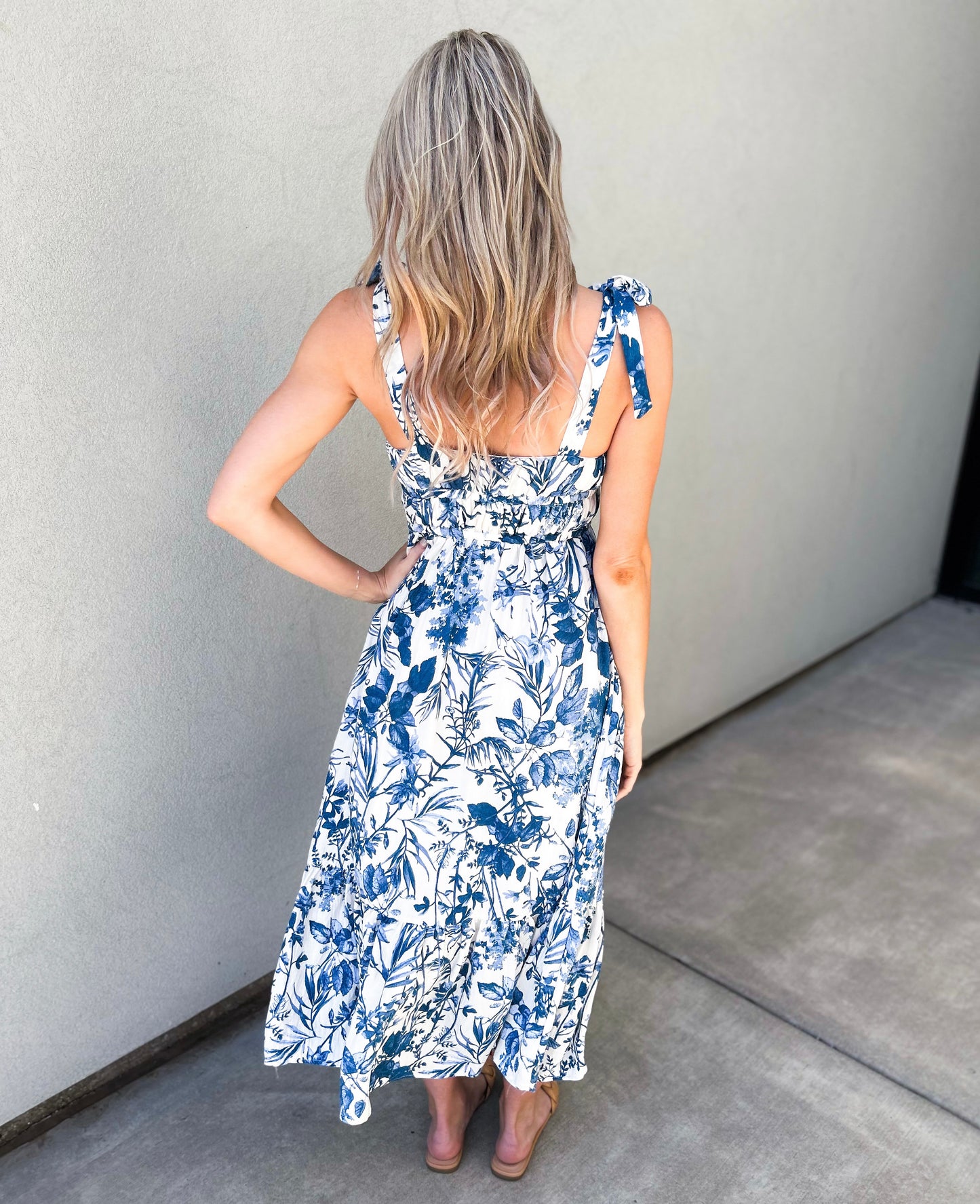 Porcelain Tie Shoulder Floral Midi Sun Dress