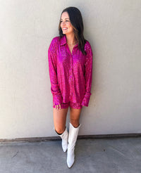 Jacie Sequin Button Down Oversized Shirt & Shorts Set