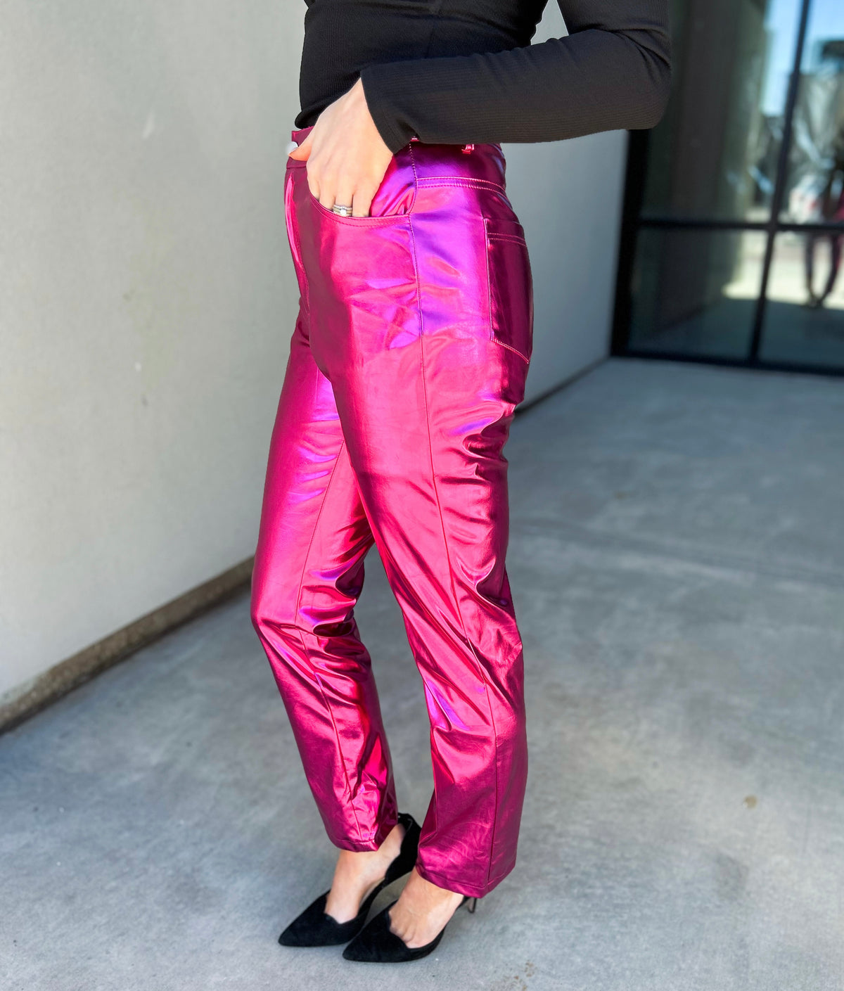 Jenner Metallic Stretch Faux Leather Straight Leg Pants