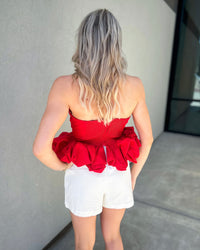 About Last Night Strapless Sweetheart Ruffle Hem Cropped Top