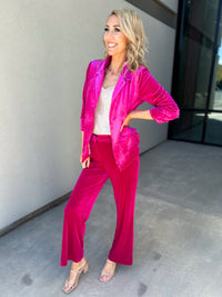 She Knows It Velvet Rouched Sleeve Blazer (Magenta)