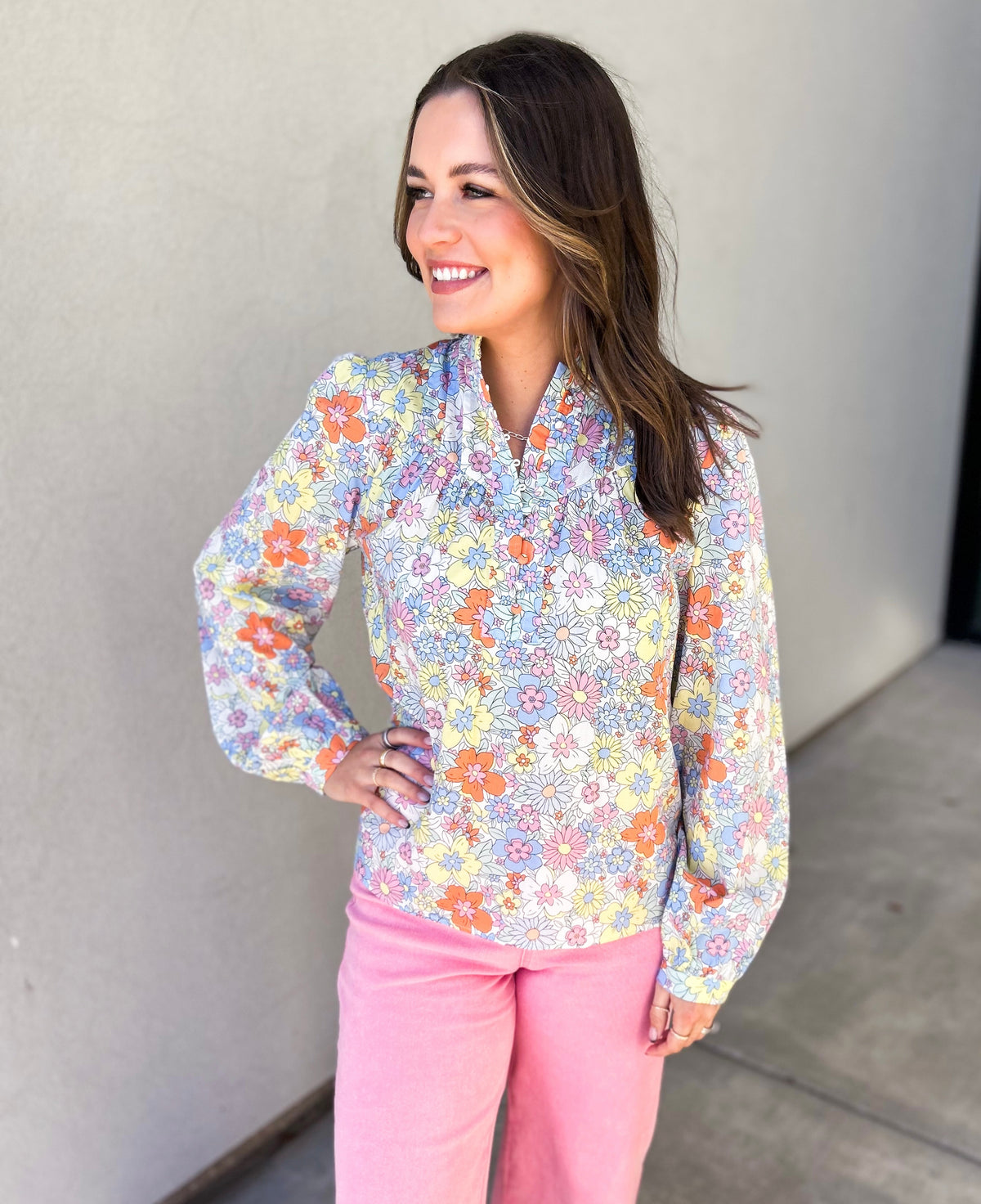 Dani Pintuck Floral Button Up Cotton Top