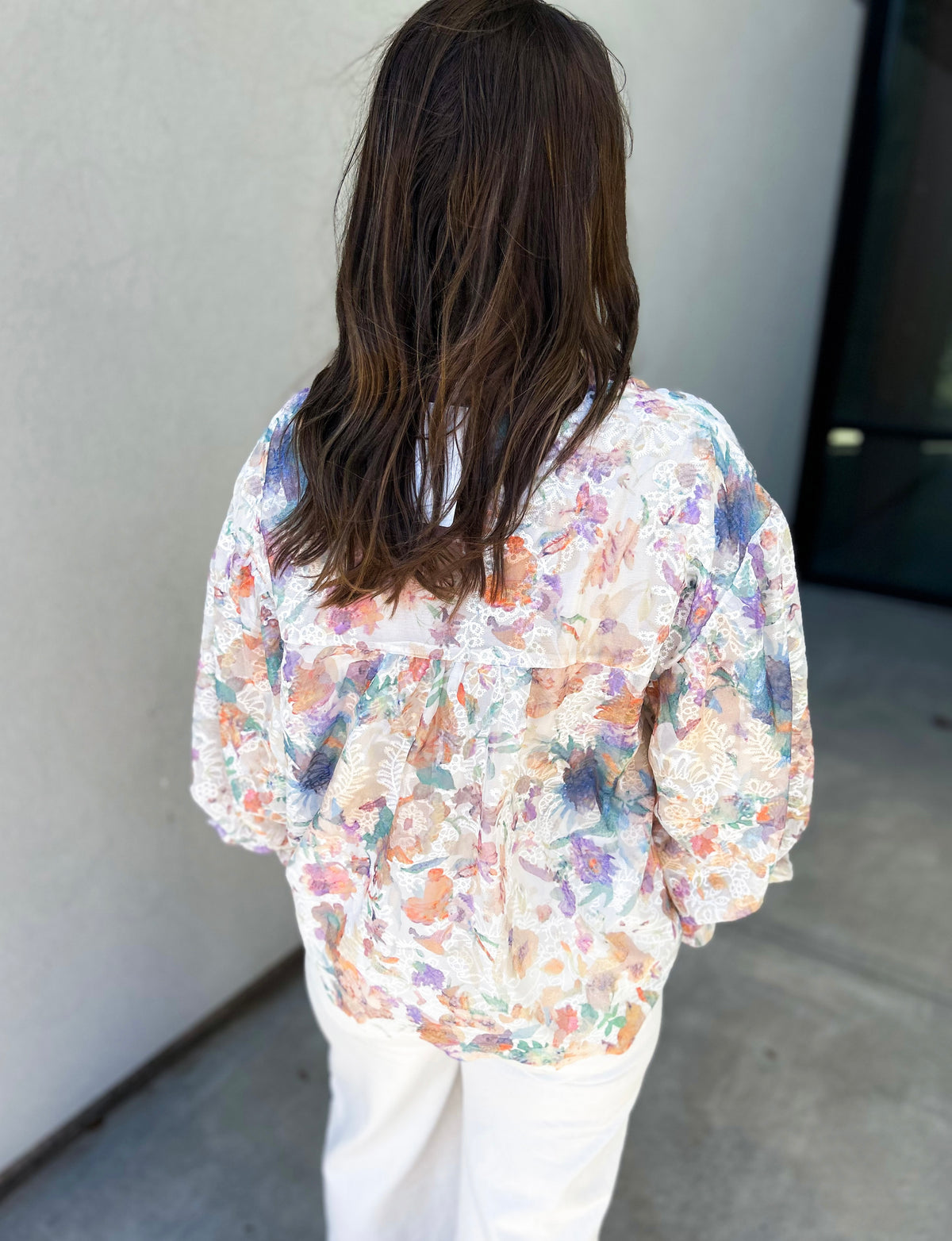 Mandy Chiffon Embroidered Bubble Sleeve Button Down Oversized Top