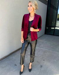 She Knows It Velvet Rouched Sleeve Blazer (Burgundy)