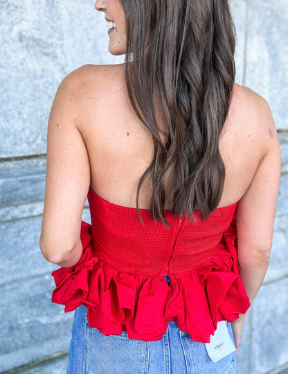 About Last Night Strapless Sweetheart Ruffle Hem Cropped Top
