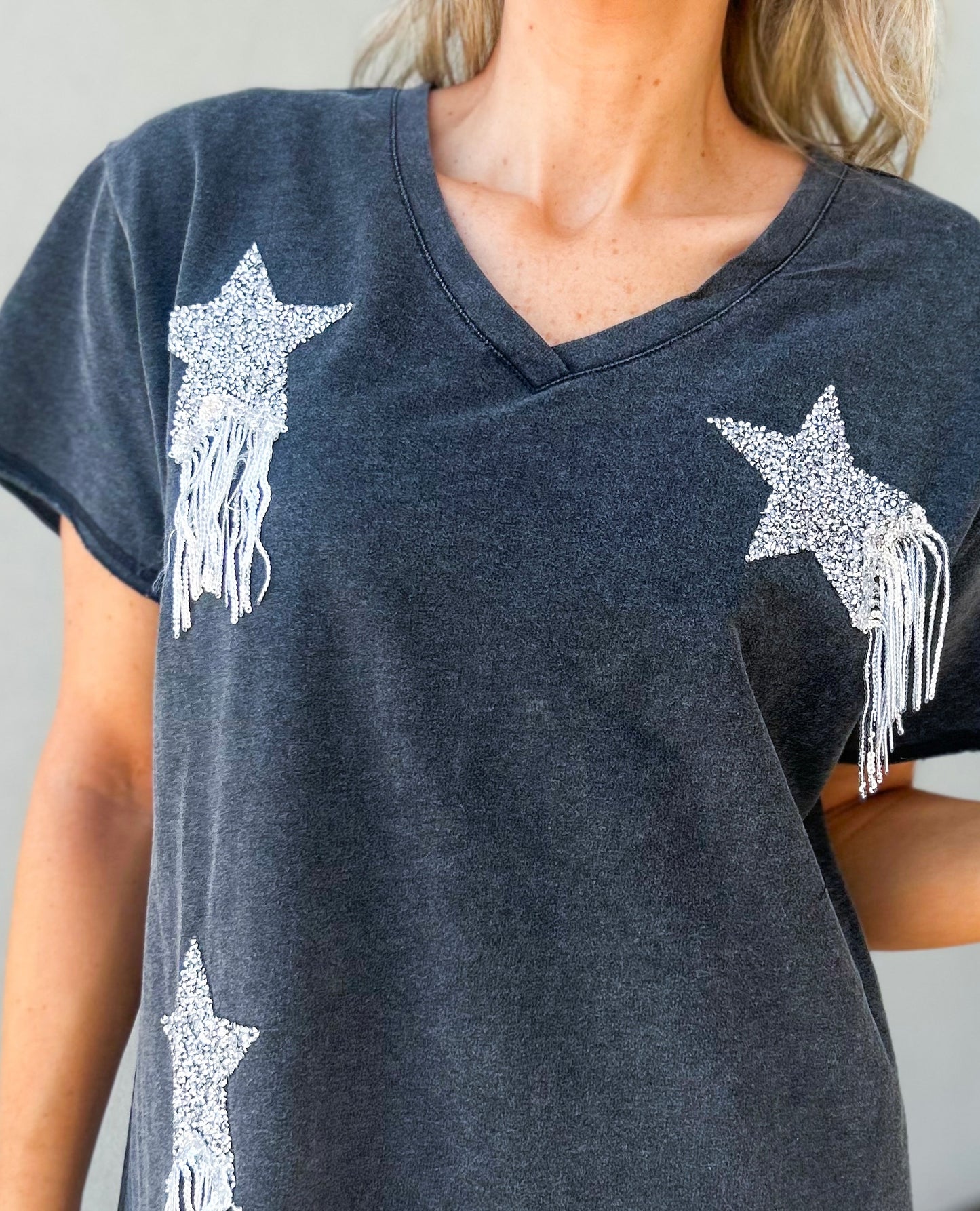 Falling Star Rhinestone Fringe T-Shirt Dress