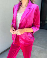 She Knows It Velvet Rouched Sleeve Blazer (Magenta)