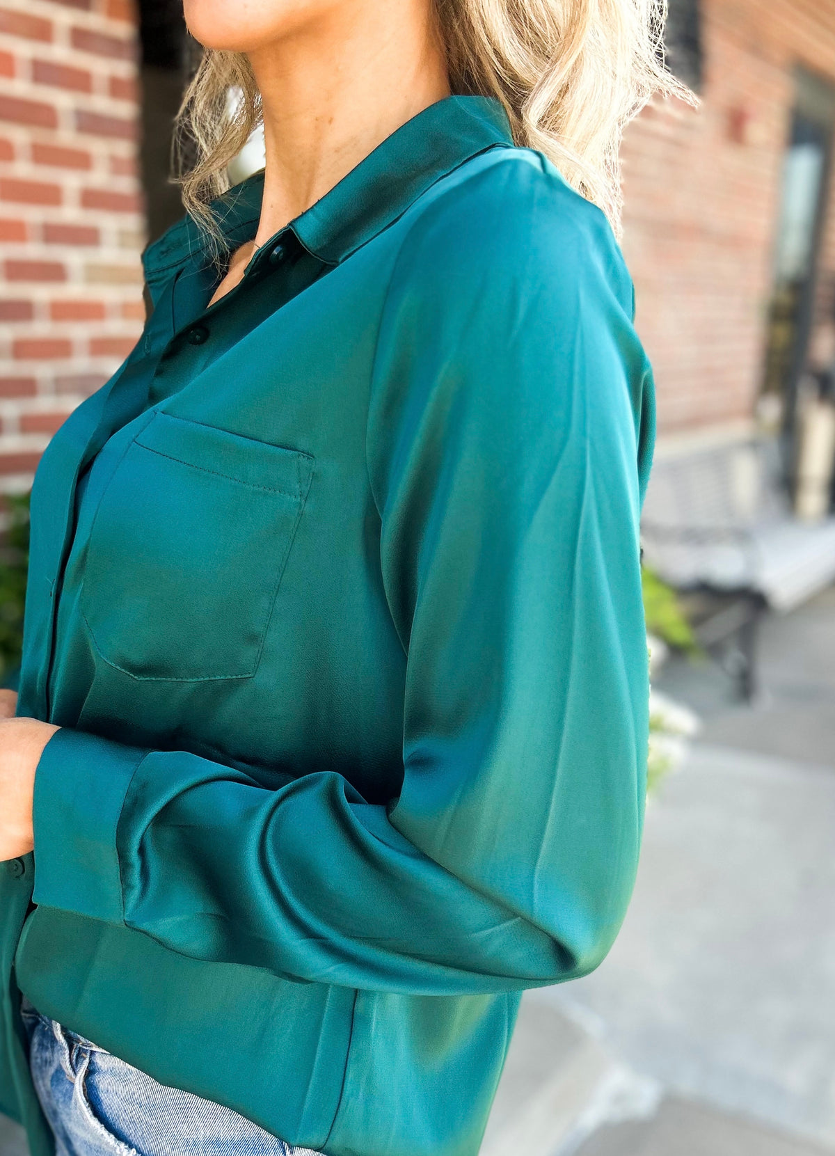 Selena Satin Button Down Top (Hunter Green)