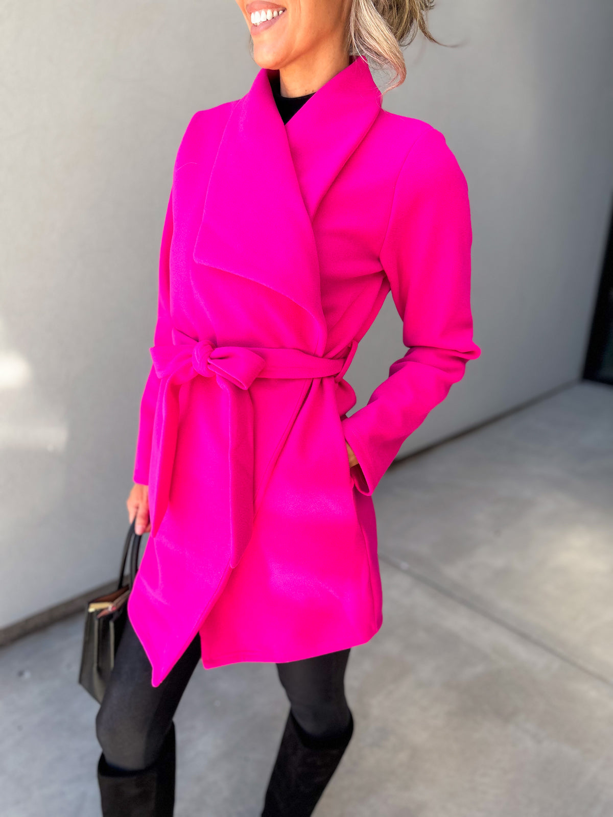 Vivi Open front Waist Tie Wrap Coat (Hot Pink)