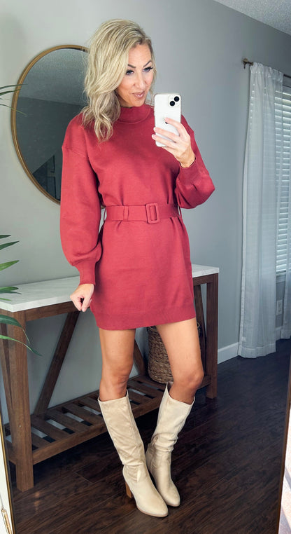 Lydia Leopard Belted Sweater Dress (Rust)