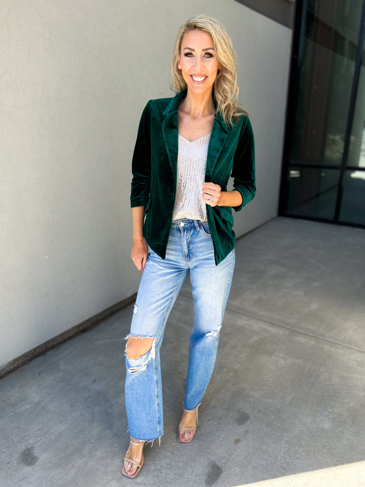 She Knows It Velvet Floral Lined Blazer (Hunter Green)