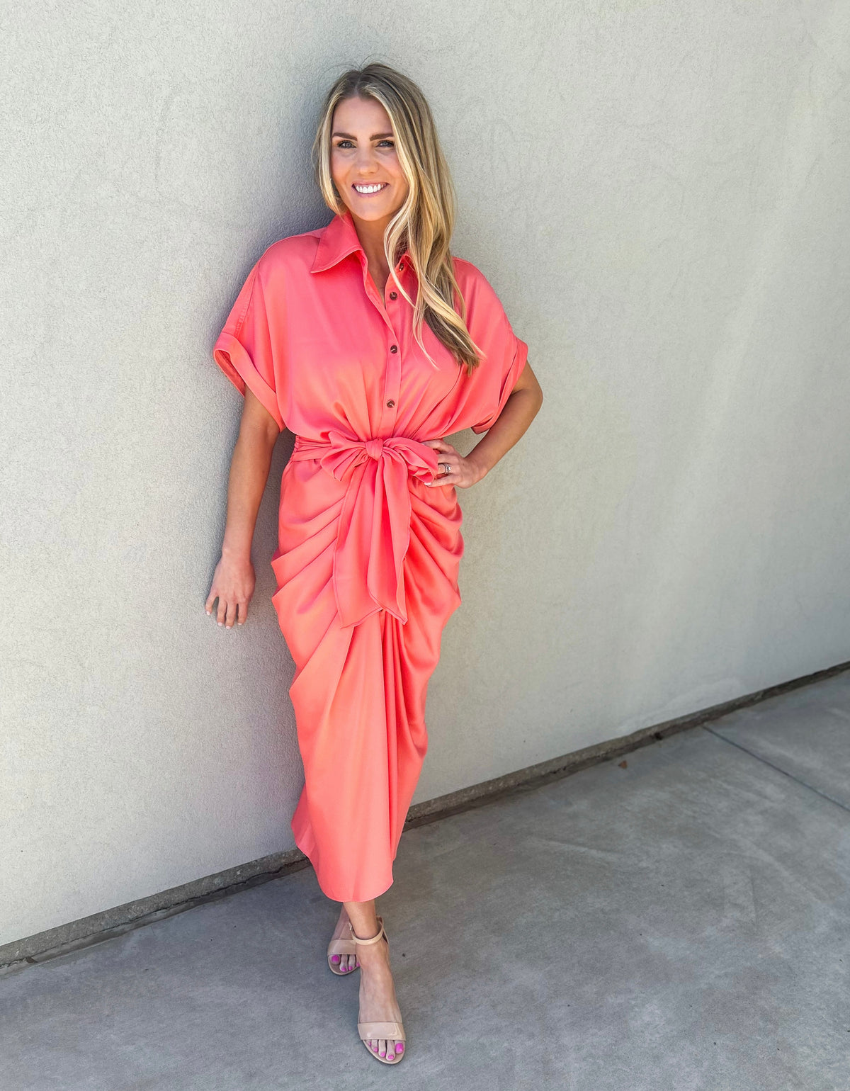 Beloved Gathered Button Down Midi Dress (Neon Coral) Beloved Gathered Button Down Midi Dress (Neon Coral)