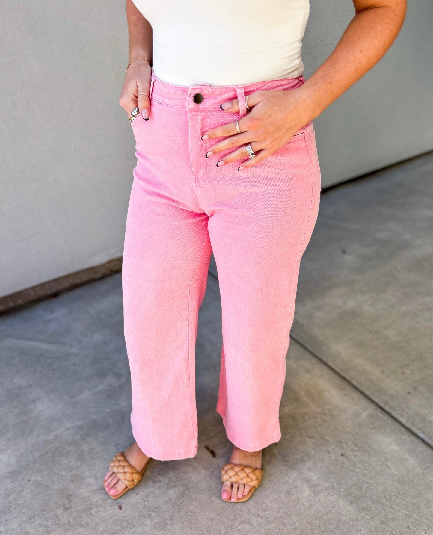 Jerica High Waisted Wide Leg Stretch Jeans (Light Pink)