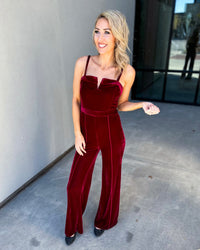 Eva "V" Neckline Velvet Wide Leg Jumpsuit