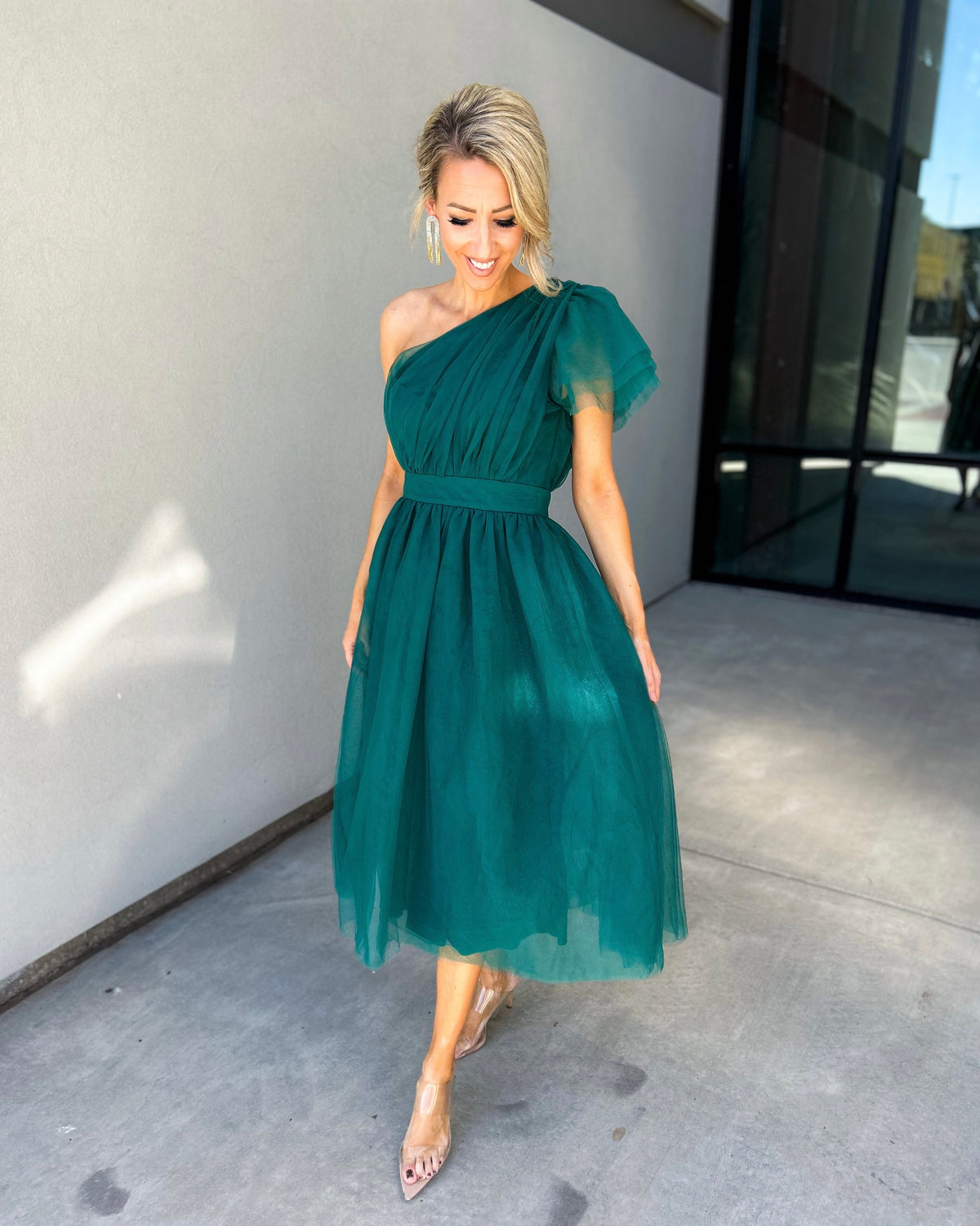 Jaylynn One Shoulder Tulle Midi Dress