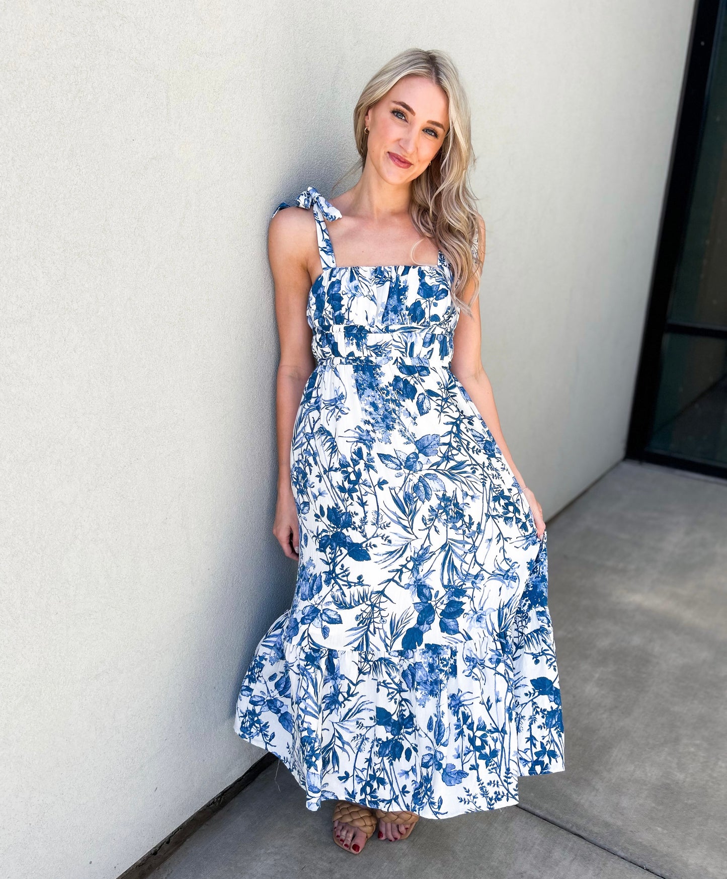 Porcelain Tie Shoulder Floral Midi Sun Dress