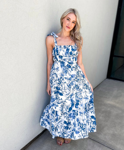 Porcelain Tie Shoulder Floral Midi Sun Dress