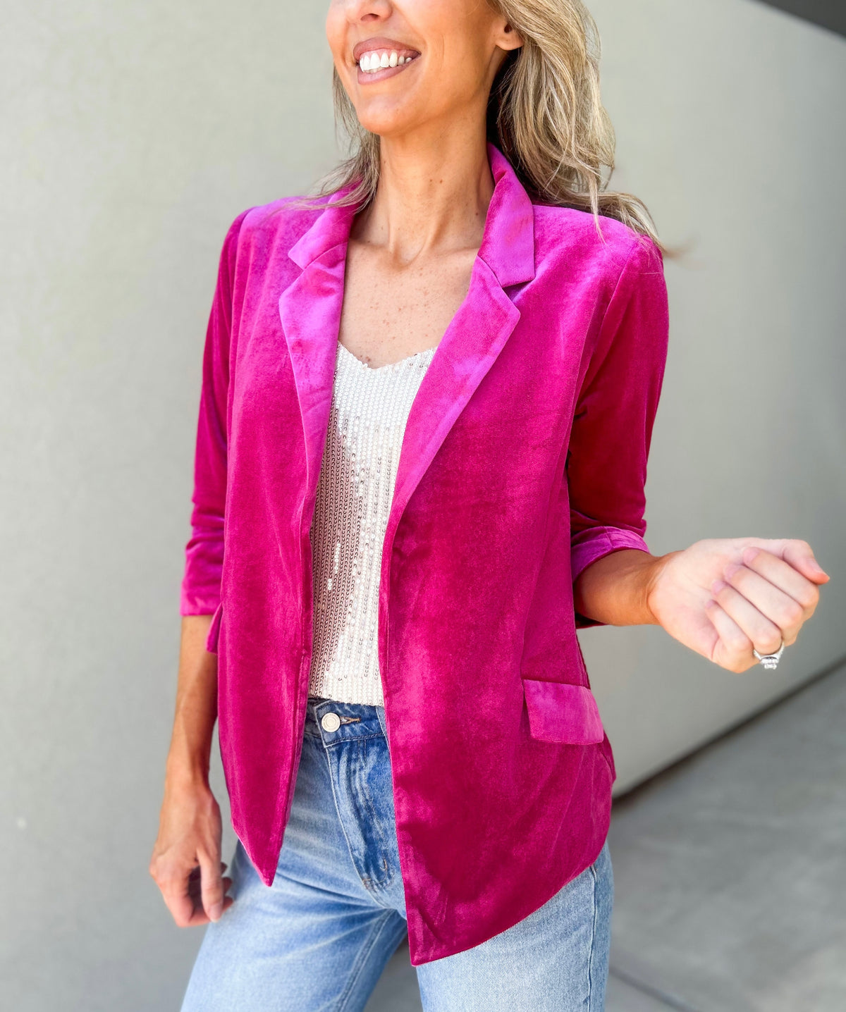 She Knows It Velvet Rouched Sleeve Blazer (Magenta)