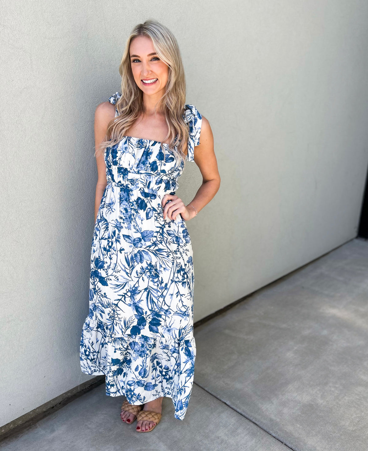 Porcelain Tie Shoulder Floral Midi Sun Dress