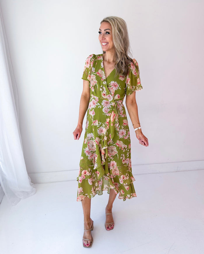 green floral wrap midi dress M&Co Green Ditsy Floral Wrap Dress