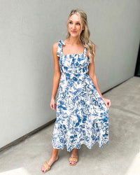 Porcelain Tie Shoulder Floral Midi Sun Dress