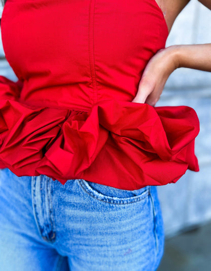 About Last Night Strapless Sweetheart Ruffle Hem Cropped Top