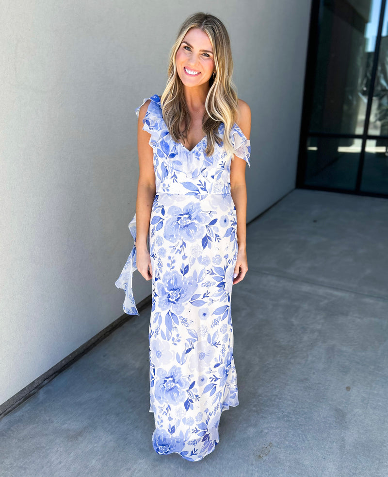 Kayli Back Drape Floral Print Maxi Dress