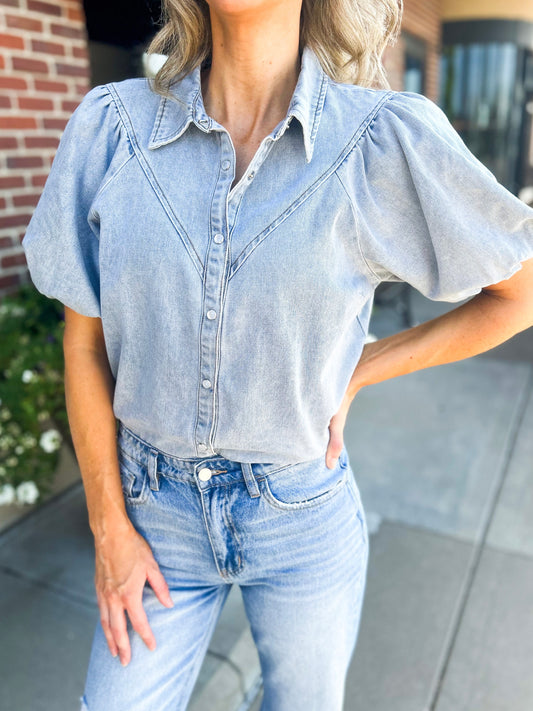 Kane Puff Sleeve Button Down Denim Top