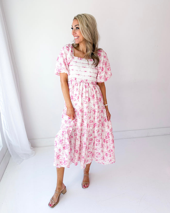 Shaylan Smocked Lace Floral Maxi Dress