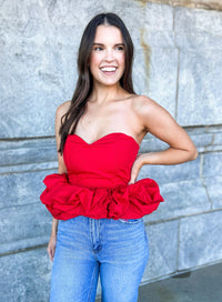 About Last Night Strapless Sweetheart Ruffle Hem Cropped Top