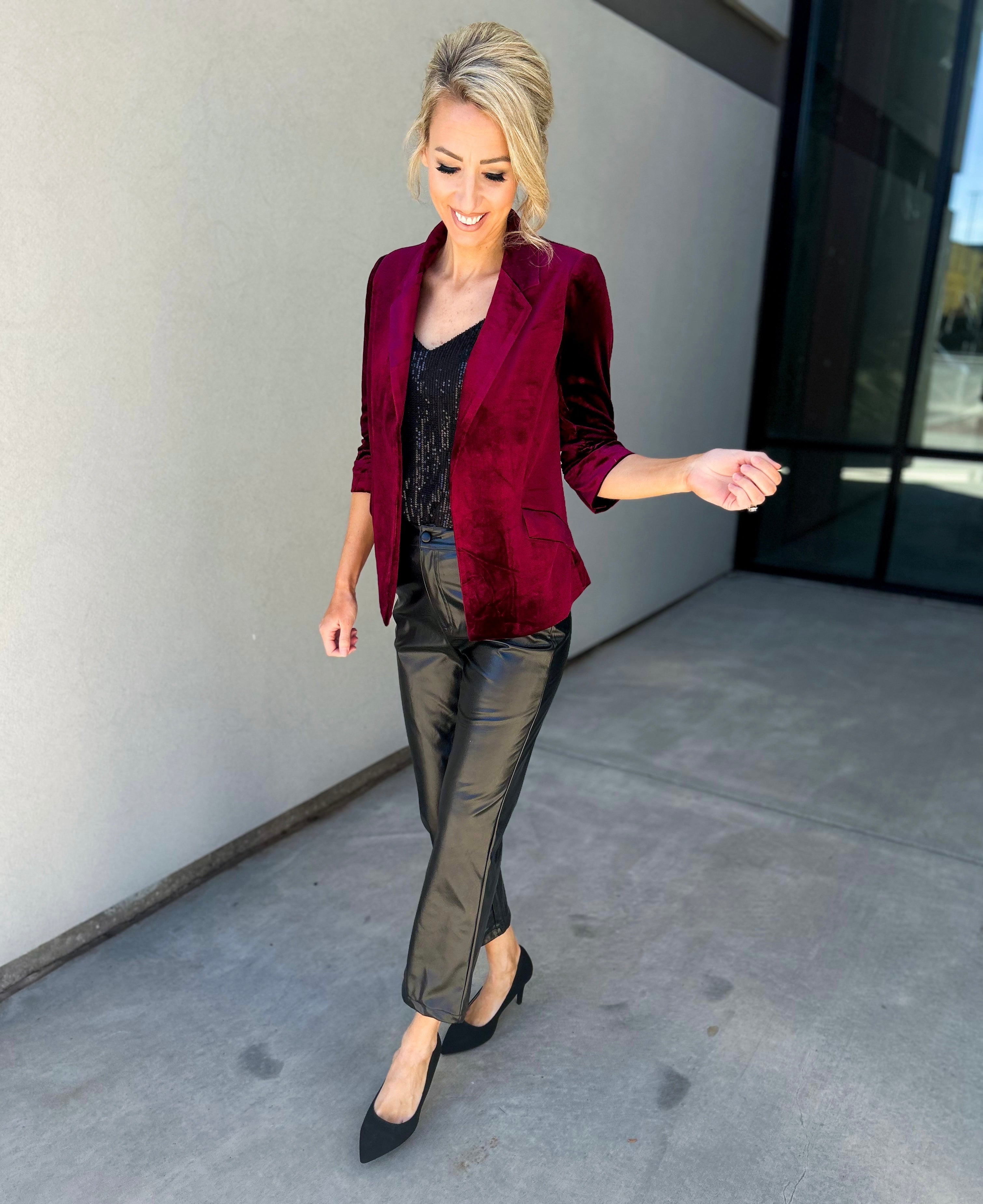 Burgundy blazer with black pants best sale