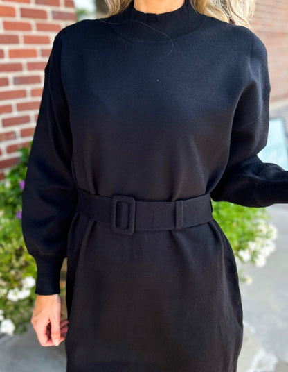 Lydia Leopard Belted Sweater Dress (Black)
