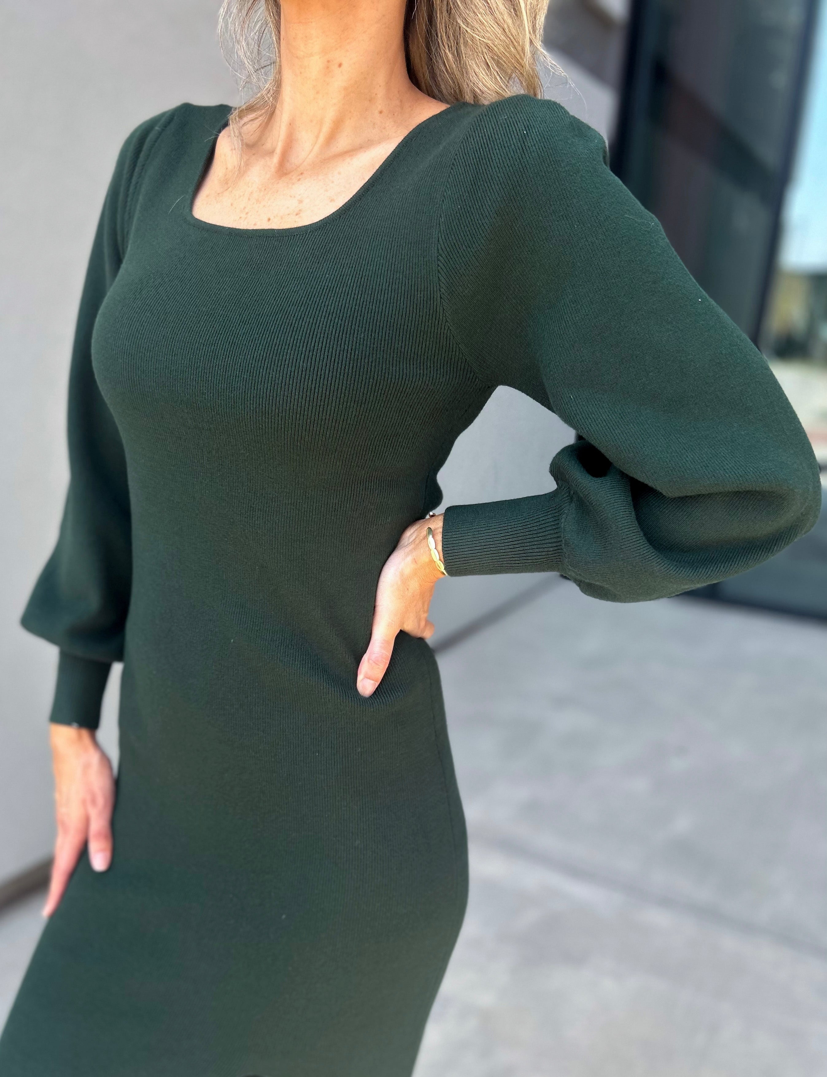 Cambelle Balloon Sleeve Ribbed Sweater Dress