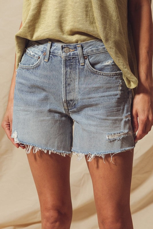 Kira Long Distressed Denim Shorts