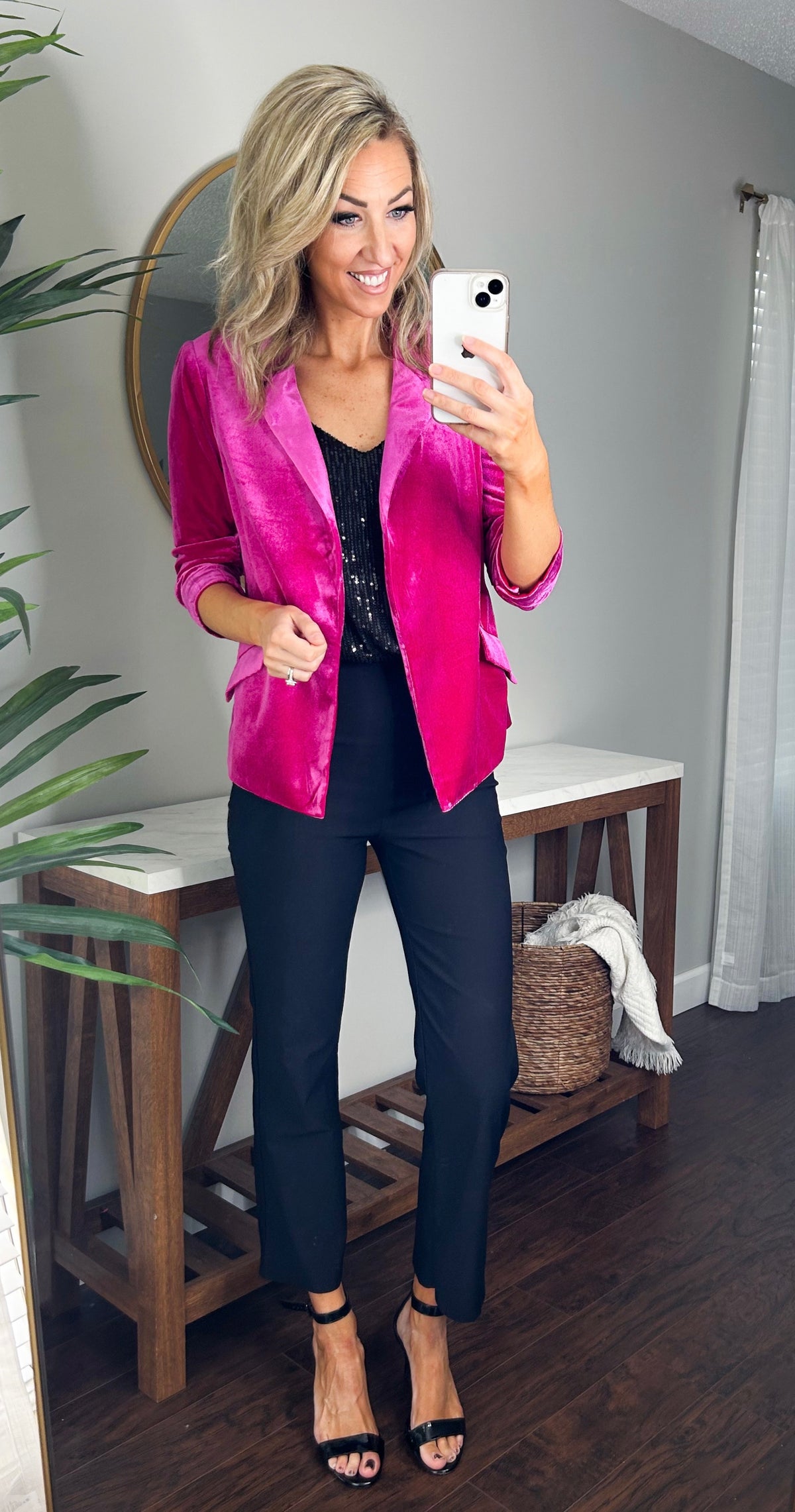 She Knows It Velvet Rouched Sleeve Blazer (Magenta)