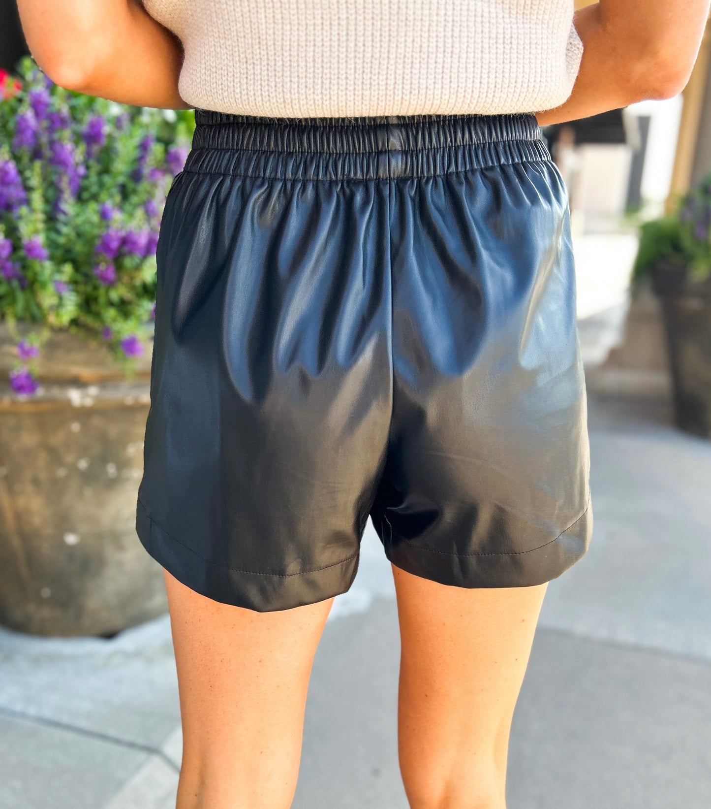 Brixley Elastic Waist Faux Leather Shorts (Black)