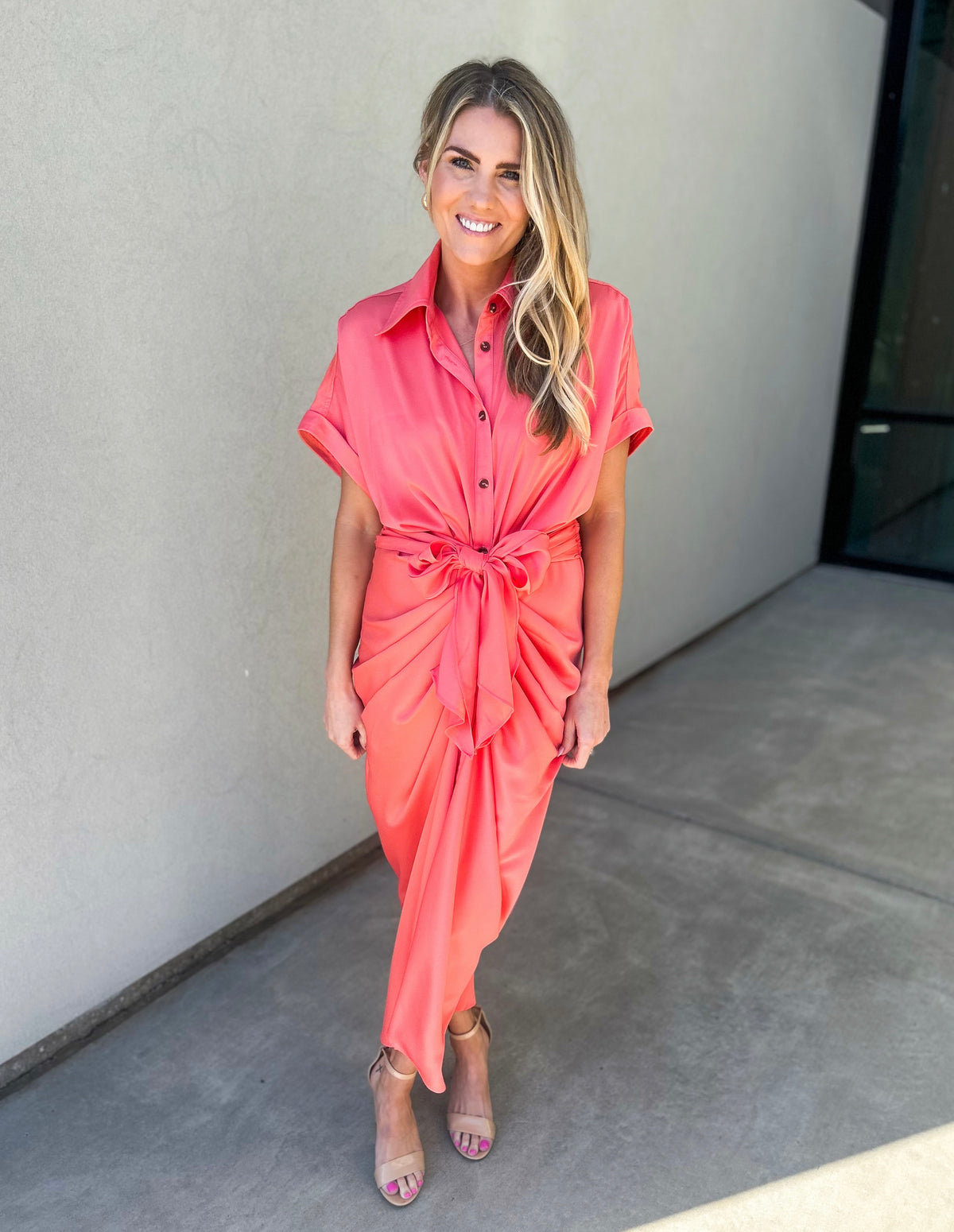 Beloved Gathered Button Down Midi Dress (Neon Coral)