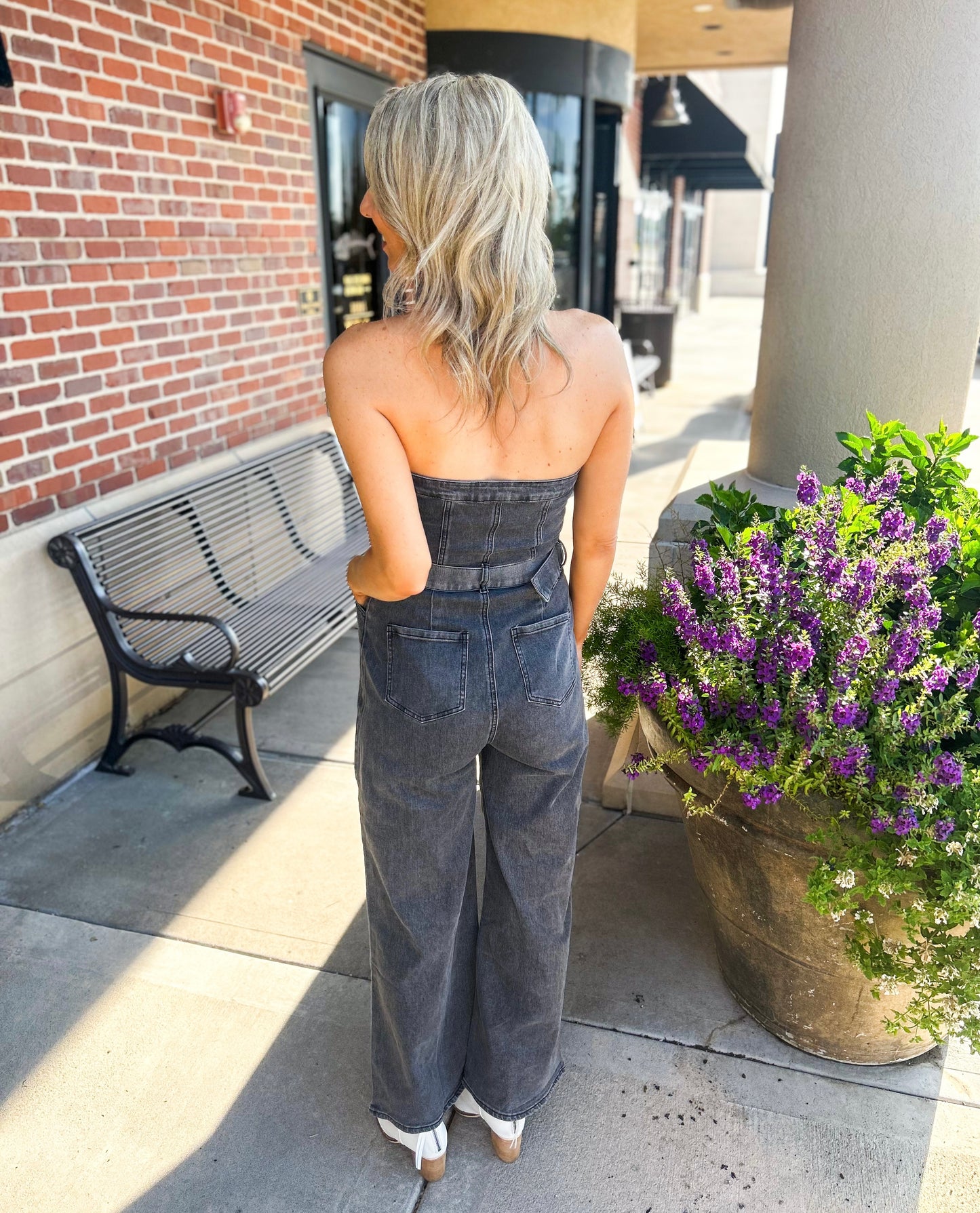 Reeva Strapless Belted Stretch Denim Jumpsuit