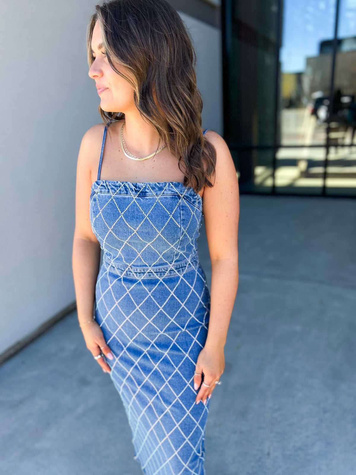 Lara Rhinestone Denim Midi Dress