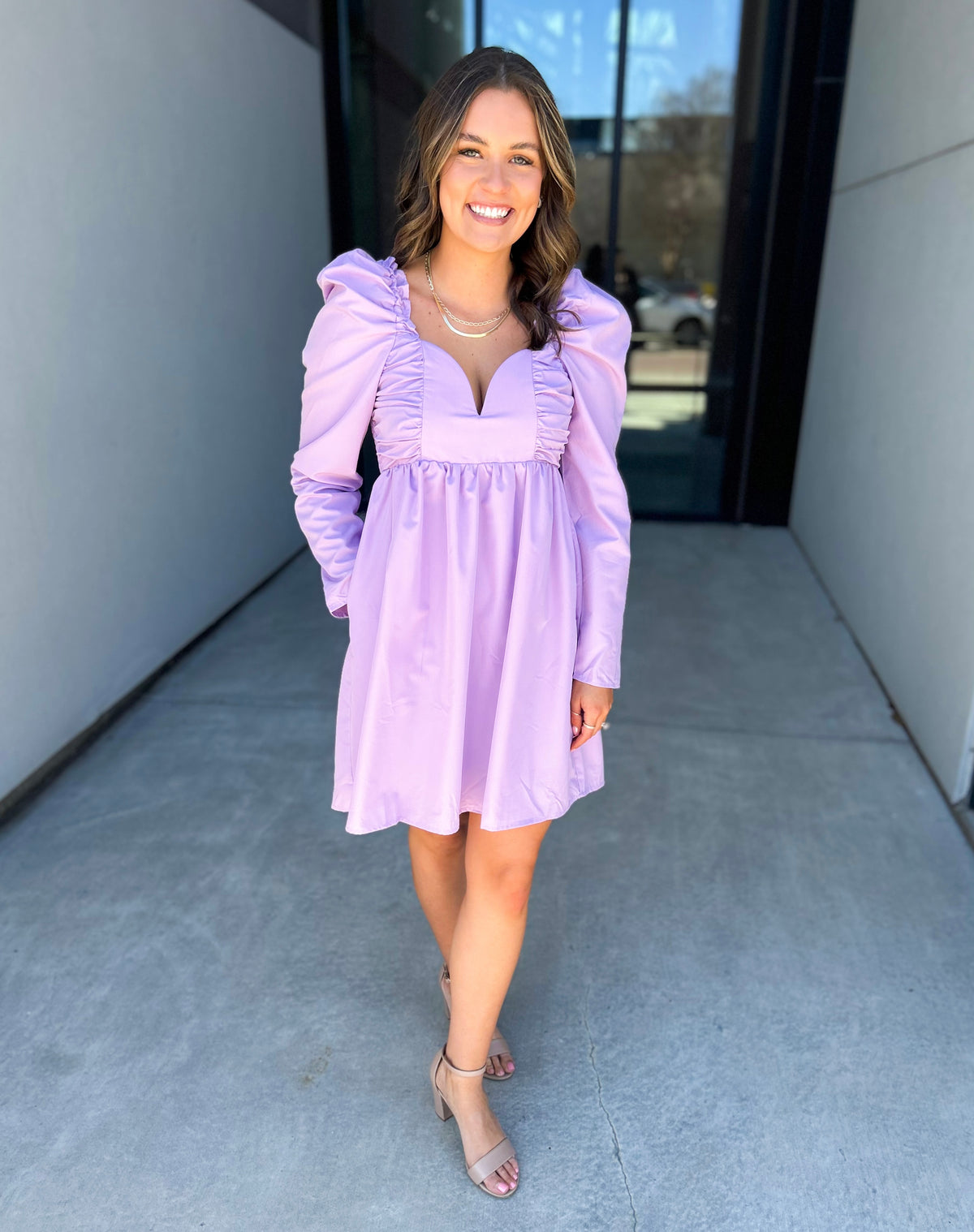 Keely Sweetheart Puff Shoulder Dress (Lavender)