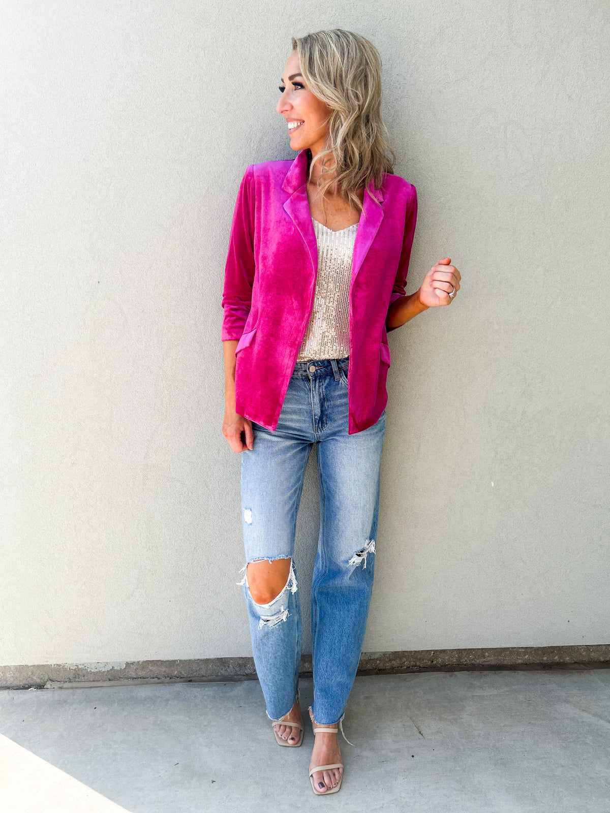 She Knows It Velvet Rouched Sleeve Blazer (Magenta)