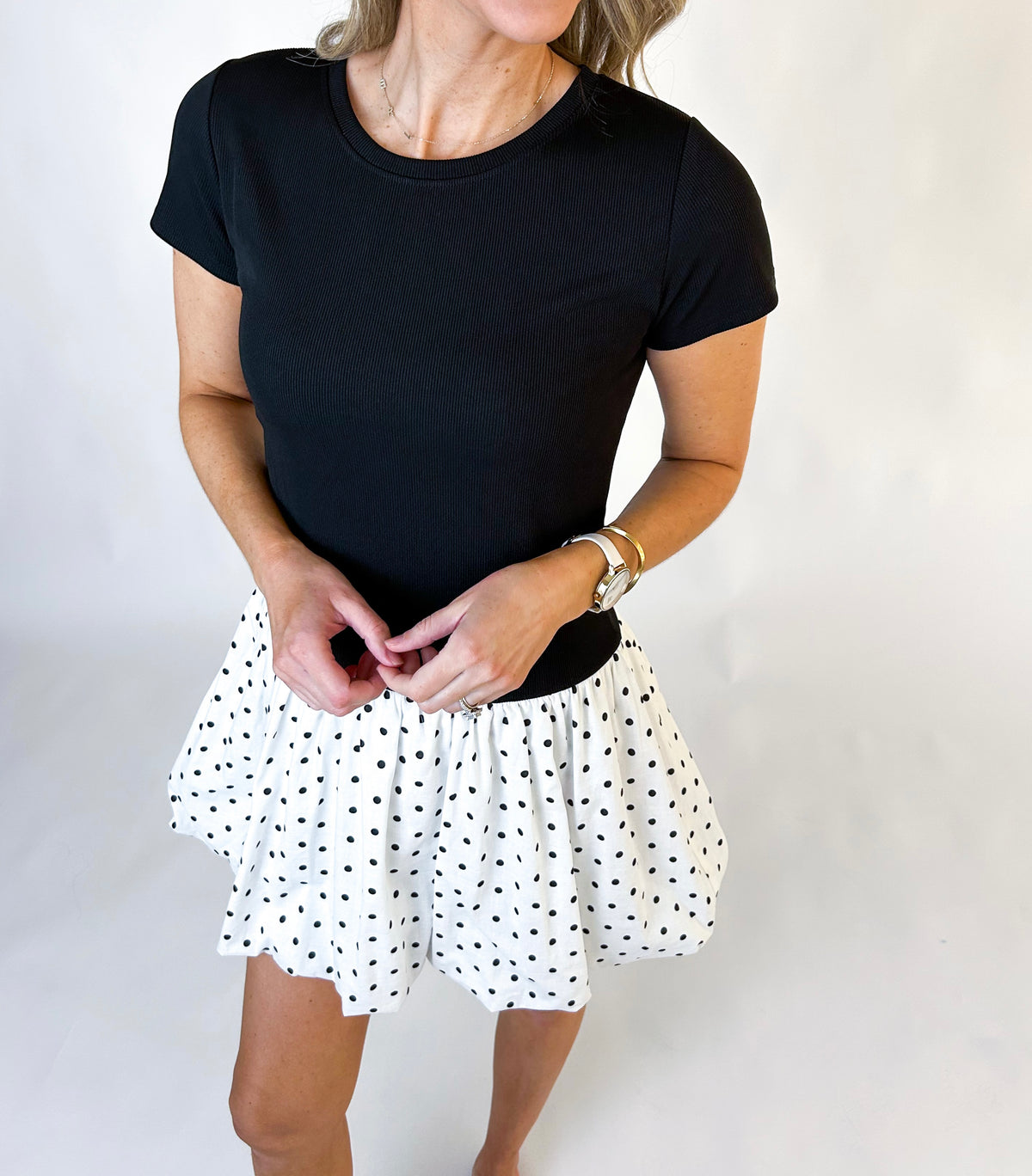 Kaytlin Solid Combo Polka Dot Bubble Hem Mini Dress