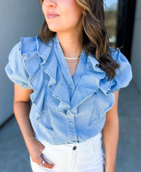 Franny Ruffle Button Down Denim Top